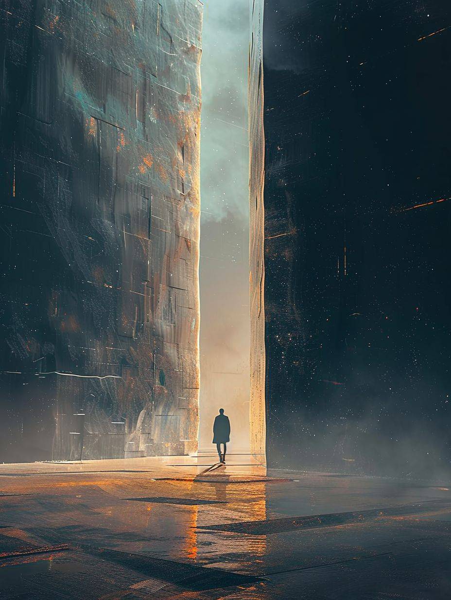 A person walks through an open space that looks like space, in the style of futurist elements, atmospheric landscape, dystopian atmospheres, trapped emotions depicted, silence, futuristic architecture, epic portraiture, in the style of Denis Villeneuve, raw style, aspect ratio 3:4, stylized at 250%
