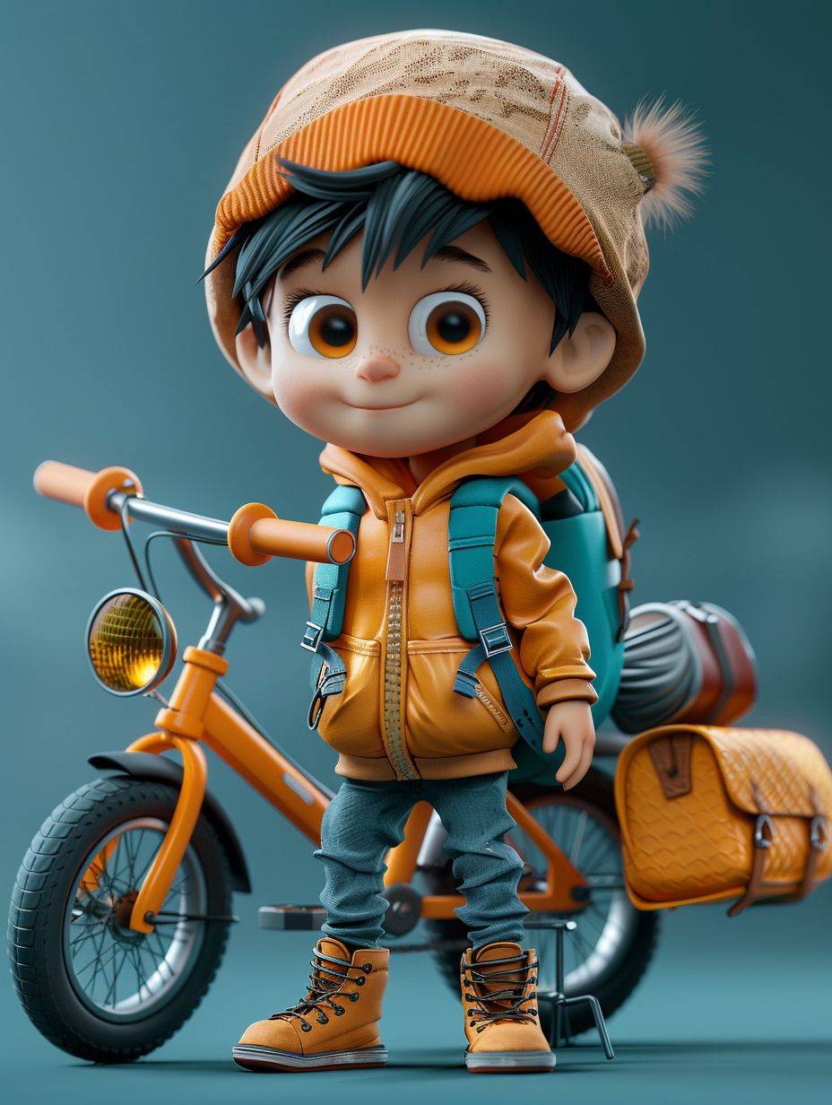 Boy on bike with hat and backpack, full body, happy, black hair, beautiful environment, solid color background, Cinema4d rendering, made of rubber, colorful cartoon, embossed paper, suburban burnout catcher, pop mart, octane Render, Ultra Detail, Best Quality, HD --ar 3:4 --stylize 250