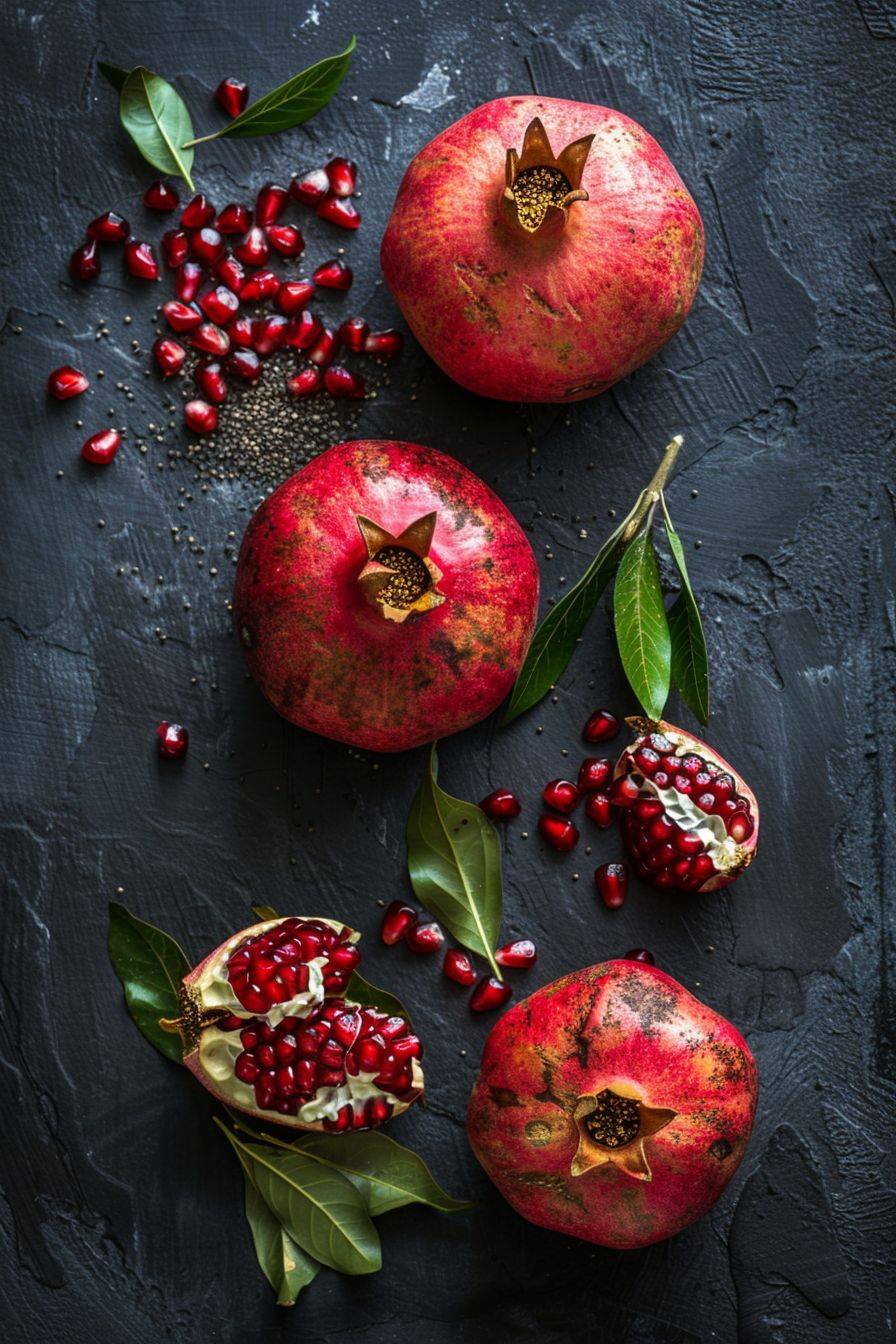 Pomegranates and pomegranate grains on the background of black stone, top view, photo