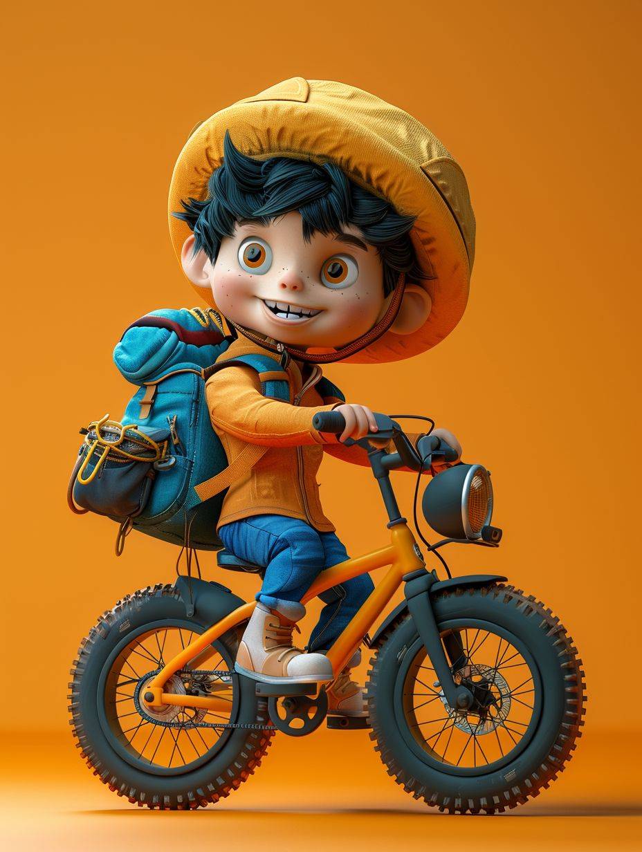 Boy on bike with hat and backpack, full body, happy, black hair, beautiful environment, solid color background, Cinema4d rendering, made of rubber, colorful cartoon, embossed paper, suburban burnout catcher, pop mart, octane Render, Ultra Detail, Best Quality, HD --ar 3:4 --stylize 250