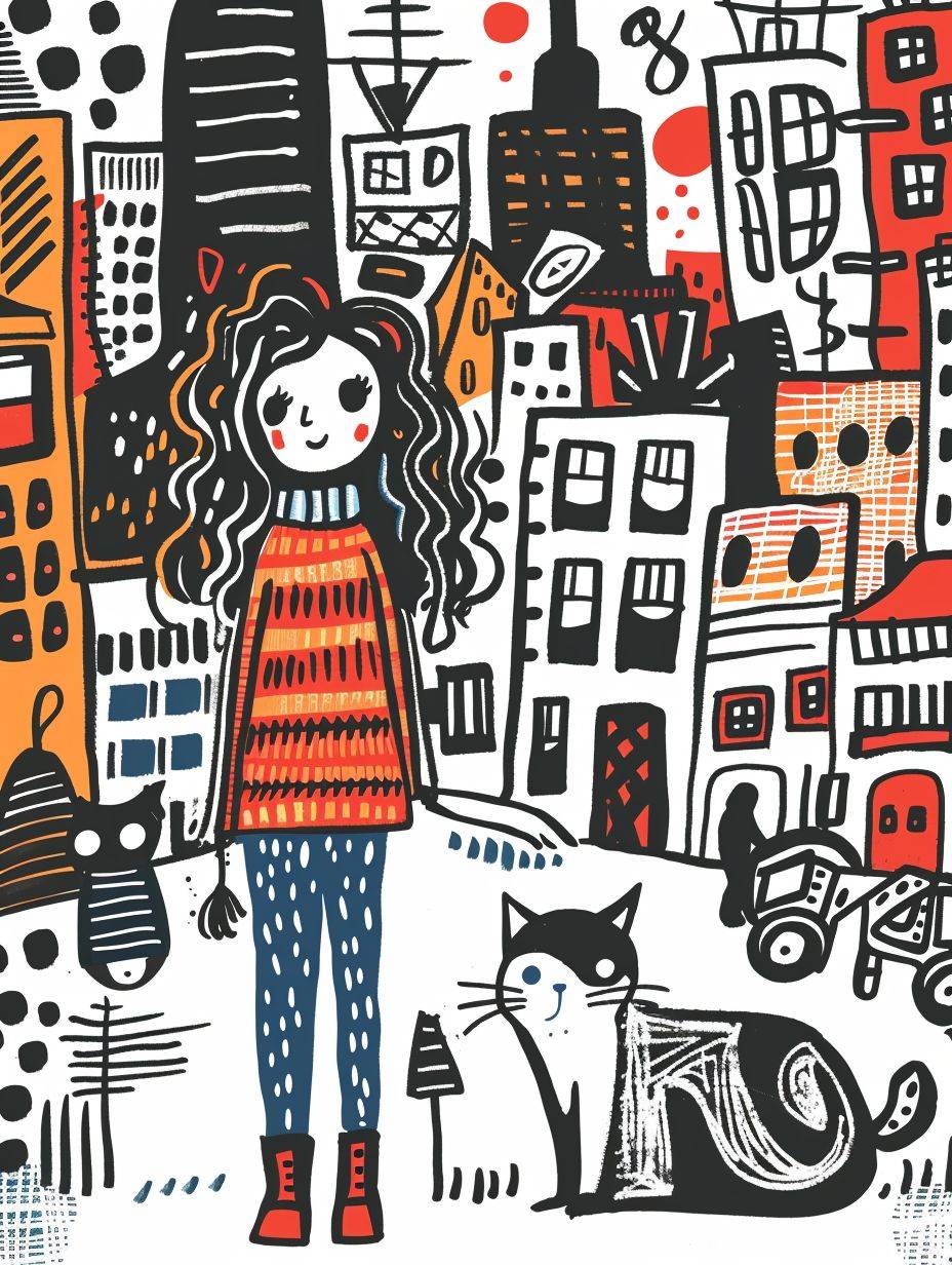 かわいらしい小さな女の子と巨大な猫、ロングカールヘアの女の子が都市の道路に立っている、フルフレームのかわいい落書きアート、キース・ヘリング、かわいいカラースキーム、白い背景、シンプルな筆触、擬人化、キース・ヘリング風のかわいい、シャーピーイラスト、太い線、グランジ美のスタイルに、複合パターン、テキストと絵文字のインストール、ロックガールスタイル、イラストレーションスタイル、MBEイラスト、完璧なディテール、高品質