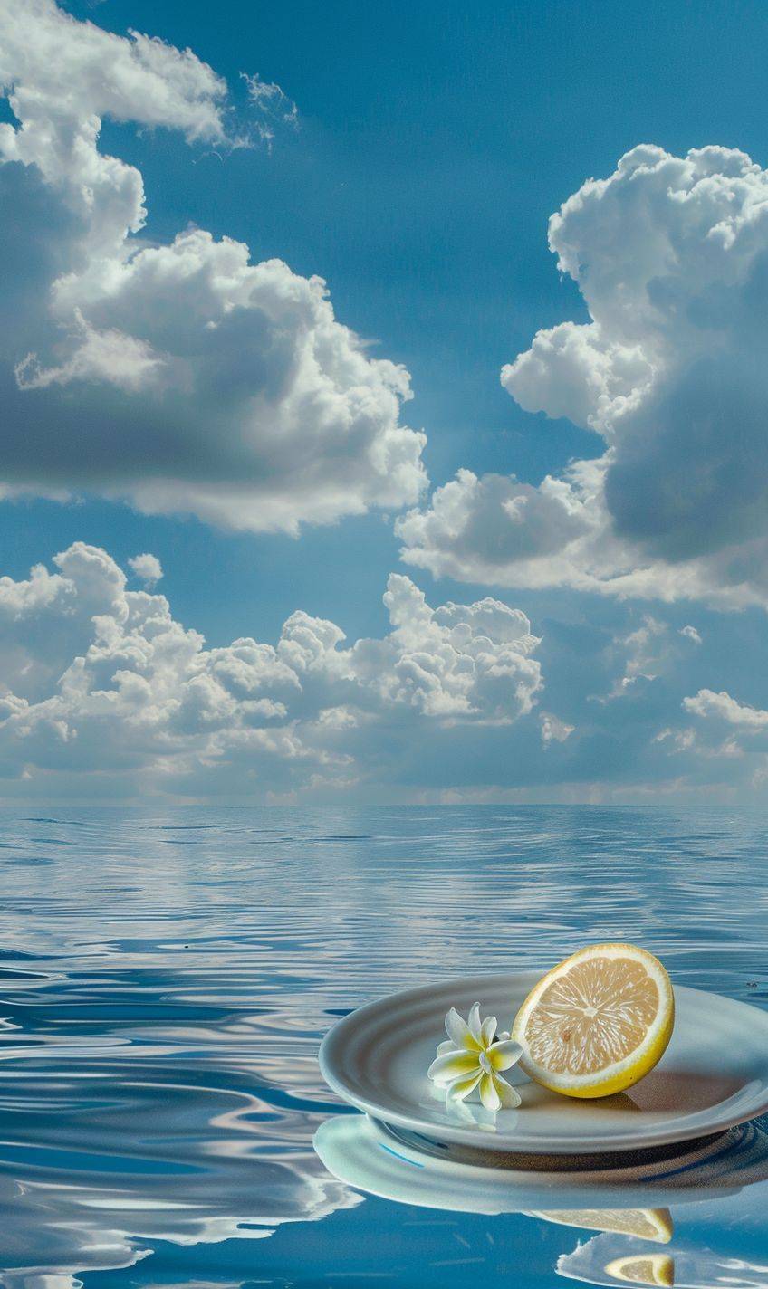 Product close-up shot, with a backdrop of blue sky and white clouds. A rectangular table forms a horizon composition. The tabletop exhibits water ripples and is adorned with a plate, half a lemon, and a flower, capturing the essence of wabi-sabi aesthetics.