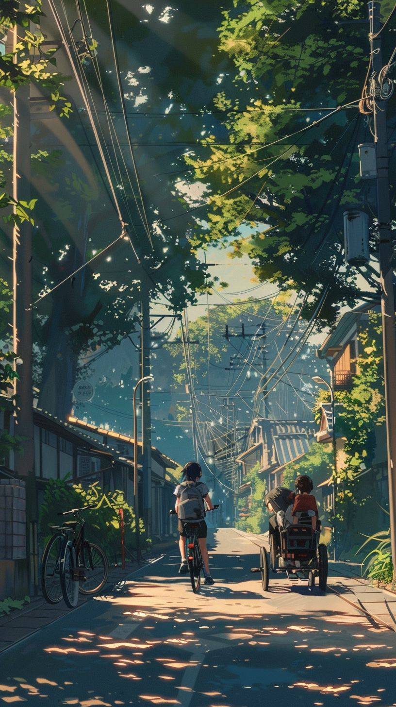 A girl is riding an e-bike with her boyfriend seated in a bike-trailer being pulled by her, exploring the environment at incredible speeds, engaging in extreme cycling. 8k, anime --ar 9:16