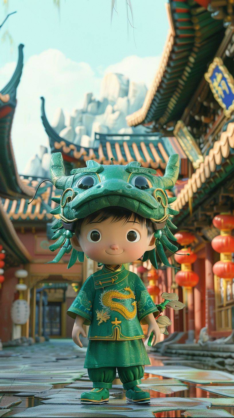 緑の龍の衣装を着た中国の少年、カートゥーンスタイル、かわいい夢、キャラクターカートゥーン、デジタルアート、柔らかいライトマカロンのカラースキーム、古代中国の建築の背景、3Dモデリング、Pixarアニメ