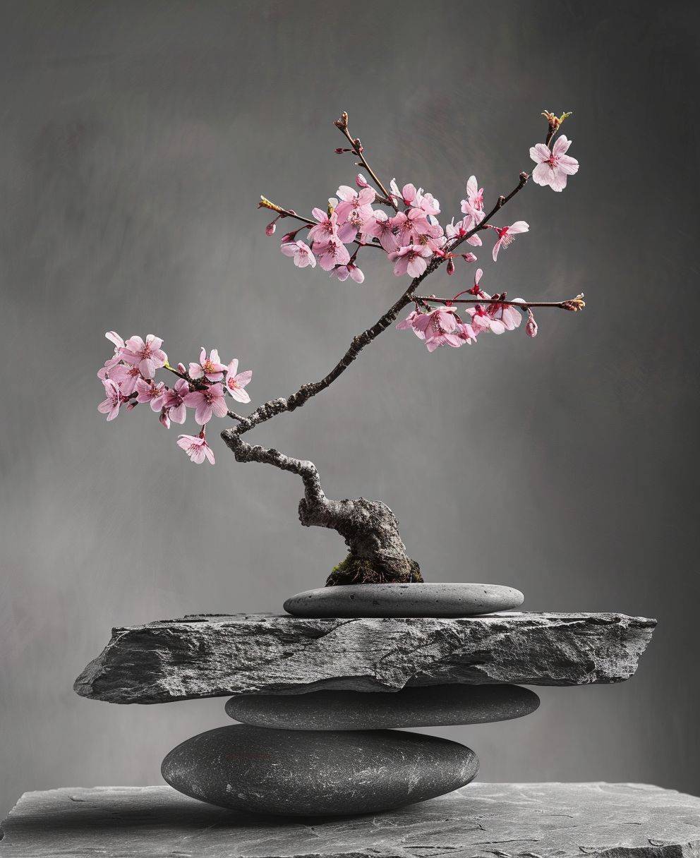 Hyper realistic photography, black and white photography, stones balancing in a symmetrical way, with a pink cherry tree bonsai.