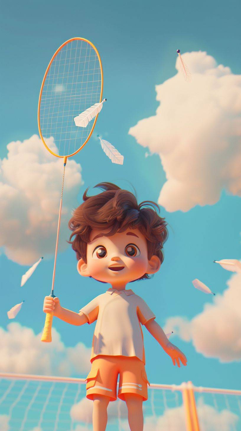 Focus, chibi, a cute boy playing badminton, shuttlecocks, Morandi colors, playful colors, summer time, happy, clouds, 3D render, cartoon style