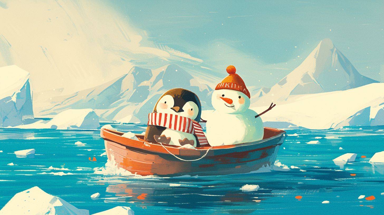 南極の海の中央に、赤と白のストライプのシャツを着たかわいいペンギンと雪だるまが、小さな木製のボートに乗っています。これはJon Klassen風の子供向け絵本イラストで、フラットで明るいパステルカラーで描かれています--ar 16:9 --niji 6