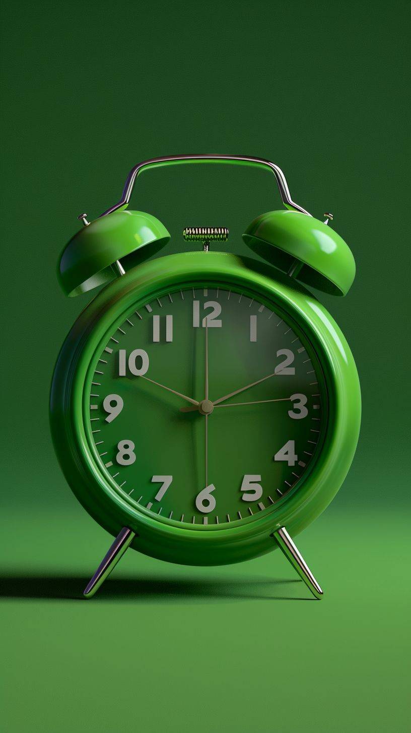 緑色のアナログ時計、正面ビュー、緑の背景、詳細表示、4k