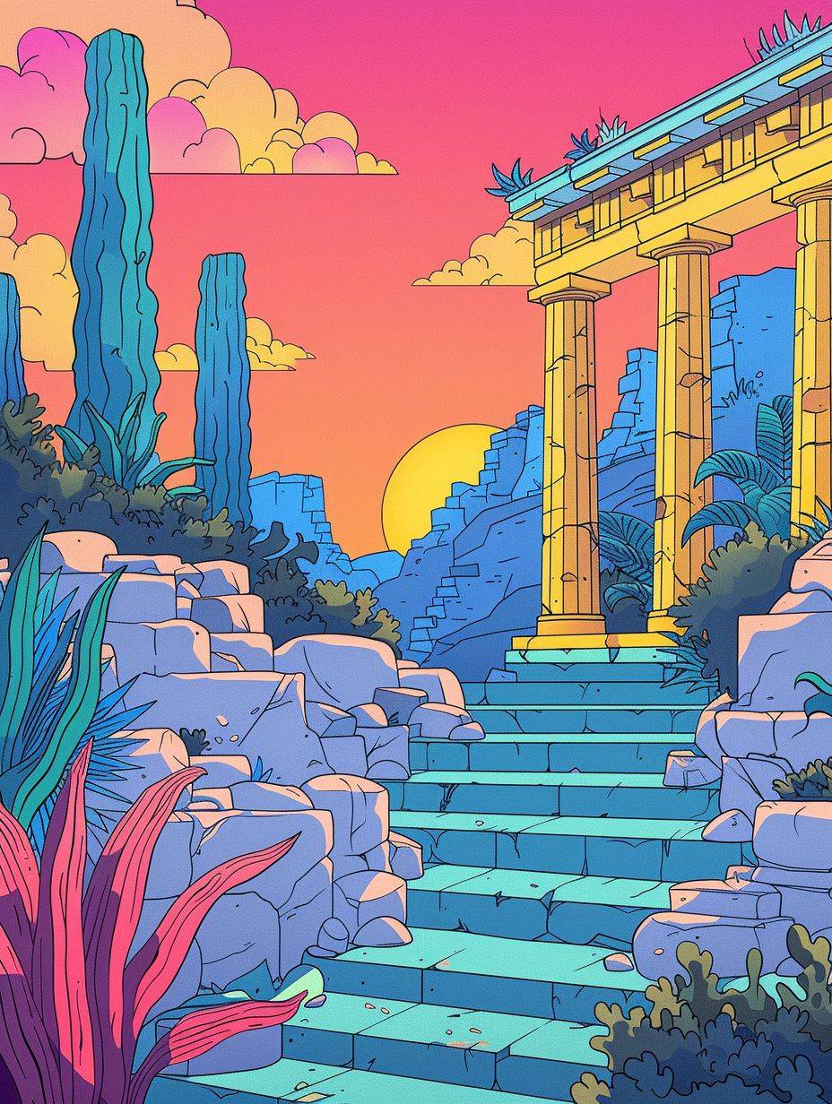 Illustration, Ancient Greece landscapes, coloring book cover, pencil colors, cartoon style, thick lines, vivid color