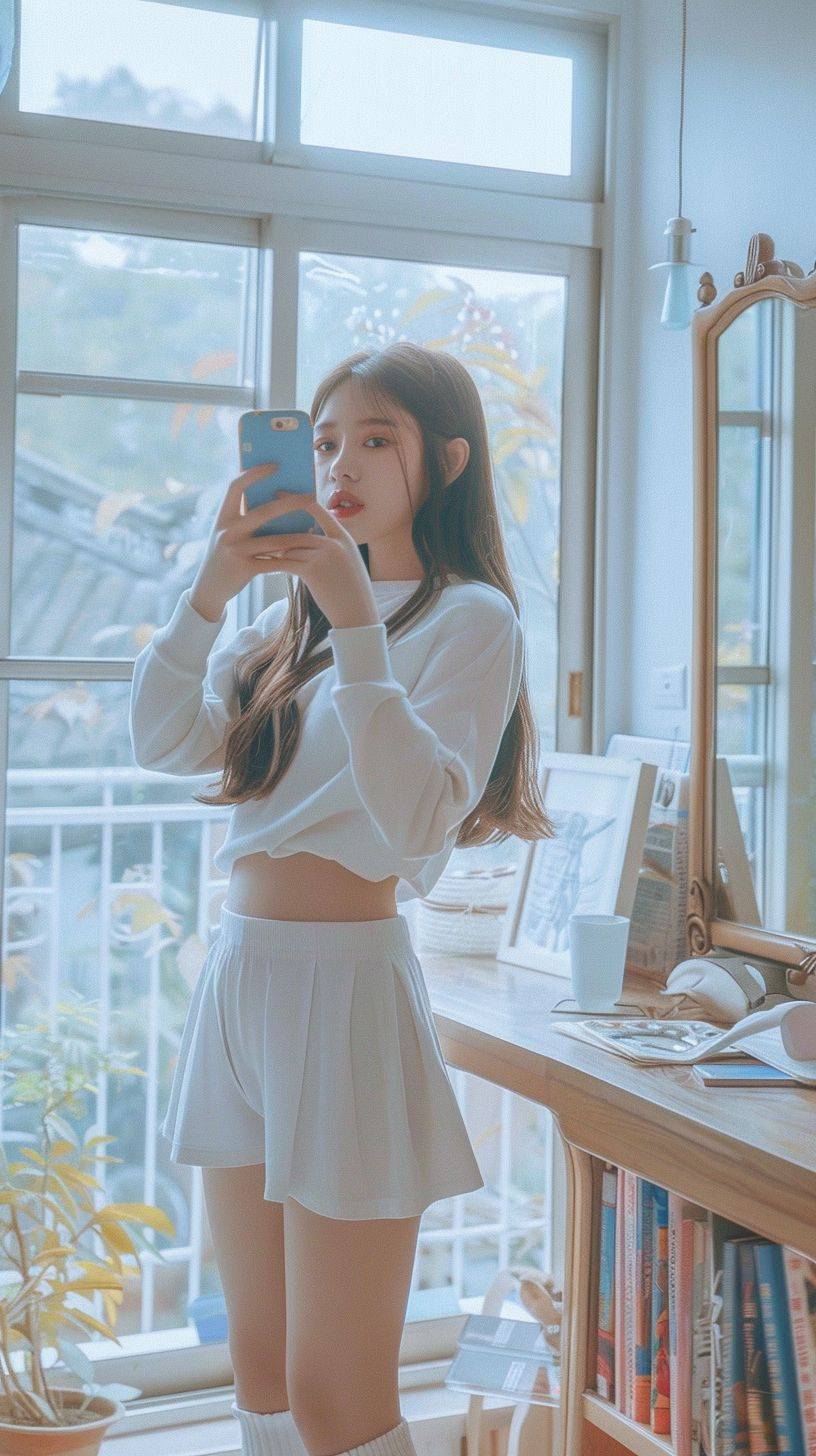 A Chinese high school student, wearing white high pile socks and white shorts, innocently taking selfies in front of the mirror.