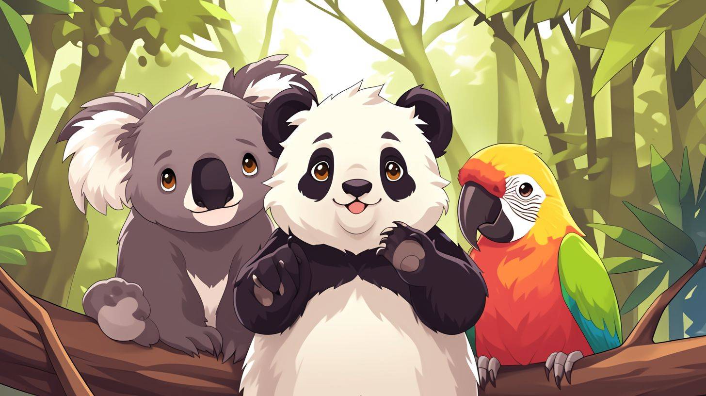 A group of cute animals [a panda bear, koala and parrot], stand together in the forest. The illustration is in the style of a children's style, cartoon style, with a full body portrait and closeup. It has a simple background with high-definition details and bright, warm colors. The eyes are friendly and the expressions are lively.