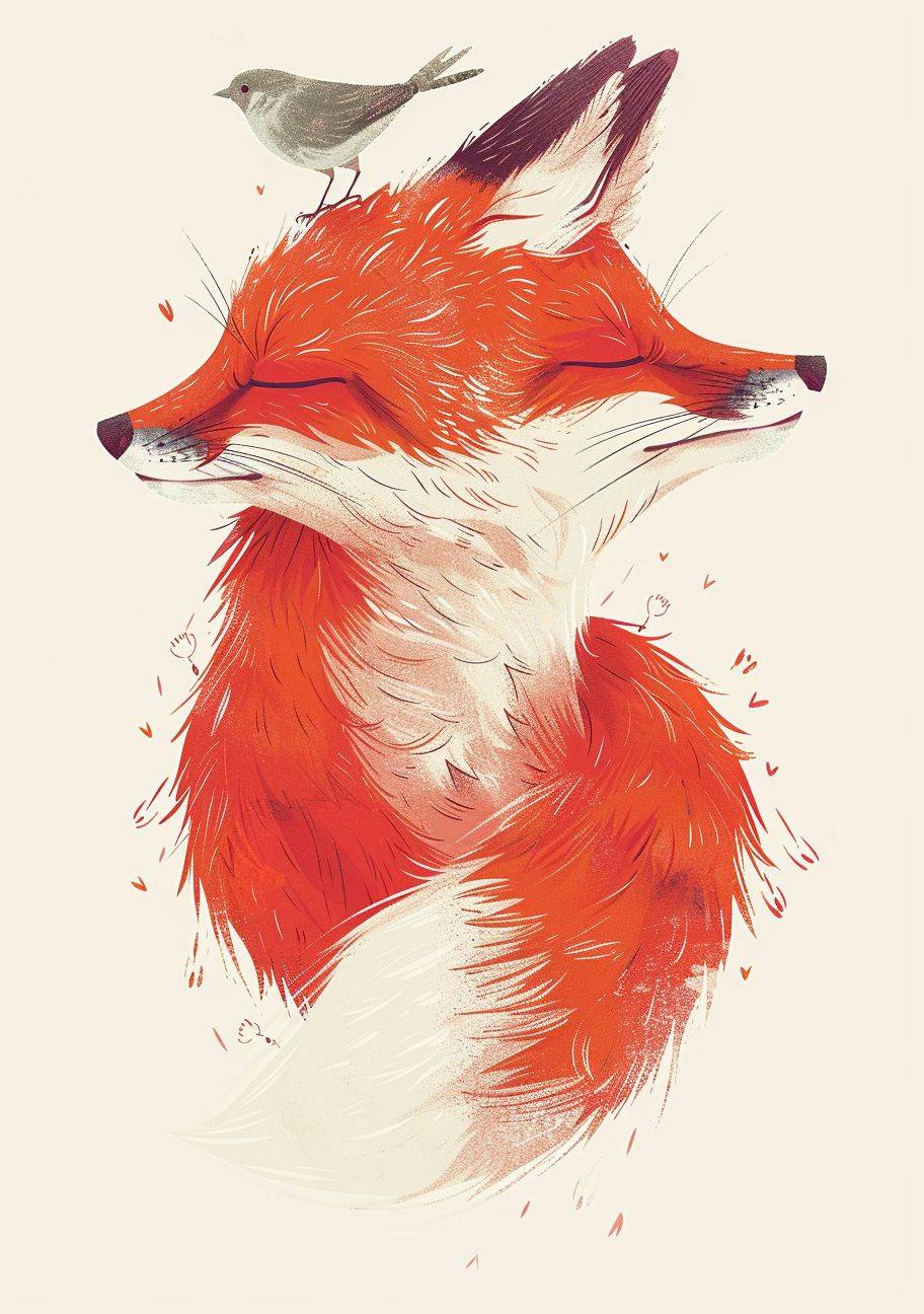 Two different sizes of red foxes depicted in a minimalist style with a bird squatting on their heads, jumping happily. White background, ultrafine details, Morikei, and illustrations.