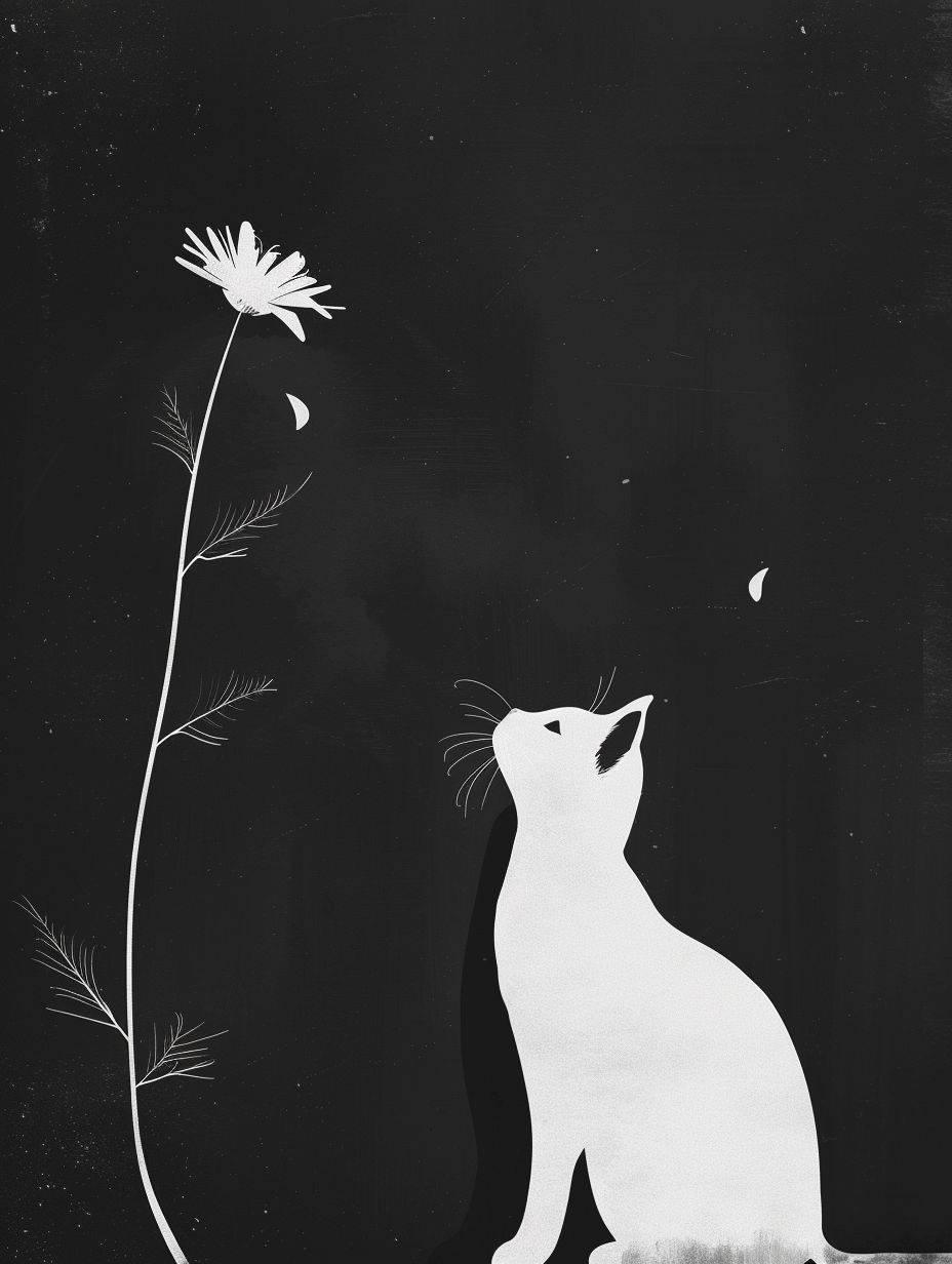 White Cat and flower in a Takeshi Kitano style, in a minimalist and humorous setting, simple and straightforward style with a touch of modernity and humor.