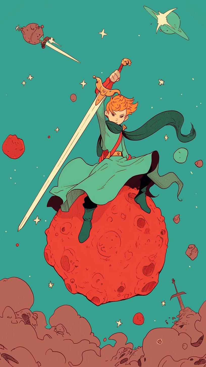 The little prince with a sword stands on top of an asteroid, in the style of traditional animation, neogeo, childhood arcades, schizowave, cranberrycore, light teal and red --ar 16:9 --style raw --niji 6