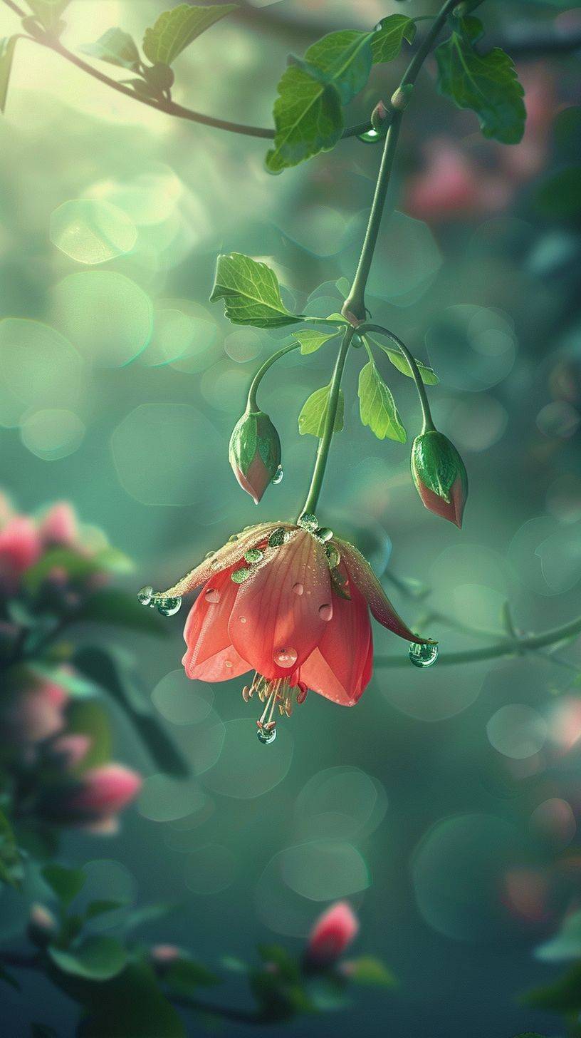 A palace lantern flower hangs. There are two buds on the flower branches. There are three tender green leaves. The dewdrops are crystal clear. Ultra HD visuals, realism and tender green background blur --ar 9:16