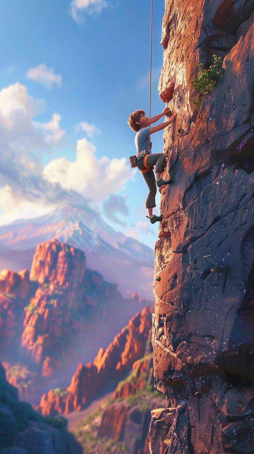 a Pixar-style character climbing a huge rock wall, Pixar style