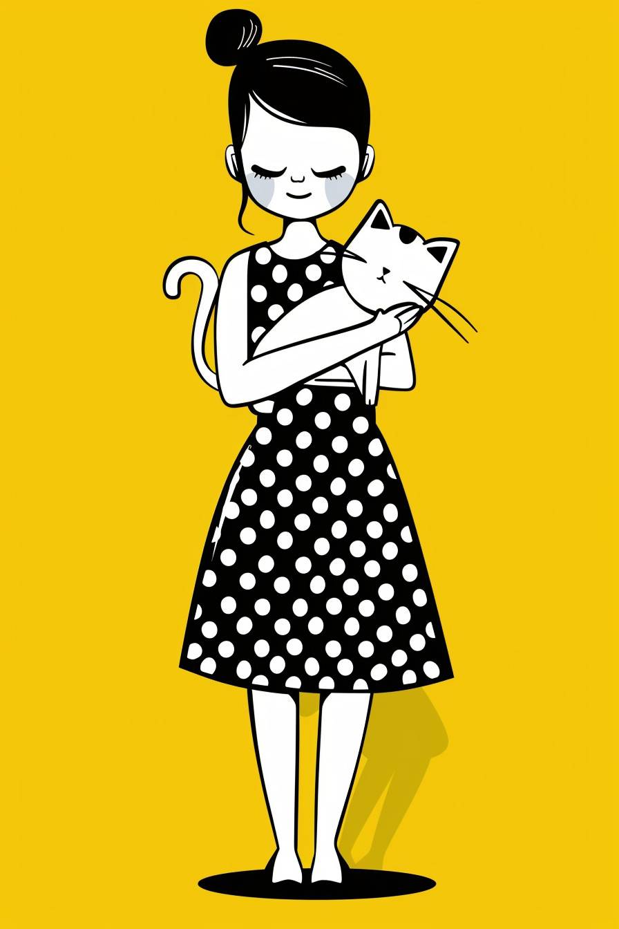 ドレスを着た可愛いカートゥーンの少女が白い子猫を抱いています。全身像、黄色の背景、キース・ヘリング風の落書き、シャーピーイラスト、太い線と無地の色、シンプルなディテール、ミニマリズム、黄色の背景