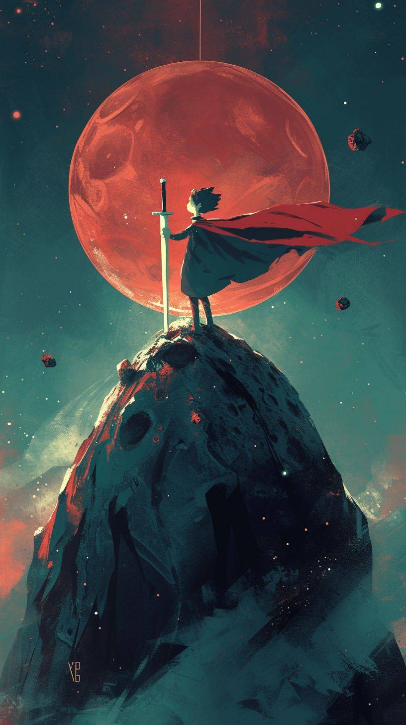 The little prince with a sword stands on top of an asteroid, in the style of traditional animation, neogeo, childhood arcades, schizowave, cranberrycore, light teal and red --ar 16:9 --style raw --niji 6