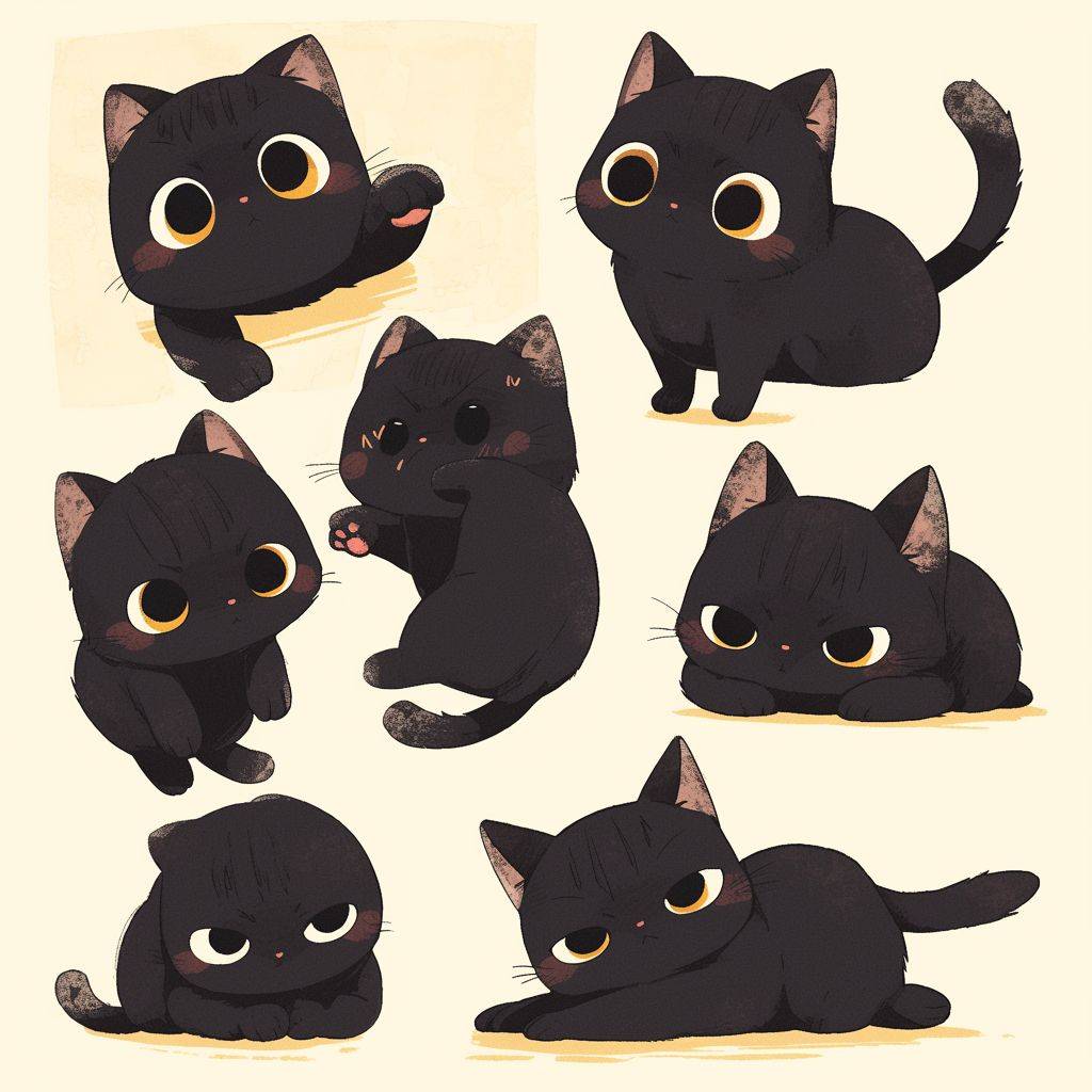 可愛らしい黒い猫、様々なポーズと表情、ラインドローイングスタイル、ダークホワイト、ライトベージュ、ルーズなジェスチャー、シンプルなラインワーク、漆絵風、厚い質感、可愛いスタイル、絵文字イラストセット、大胆なマンガラインスタイルの動的ポーズ。