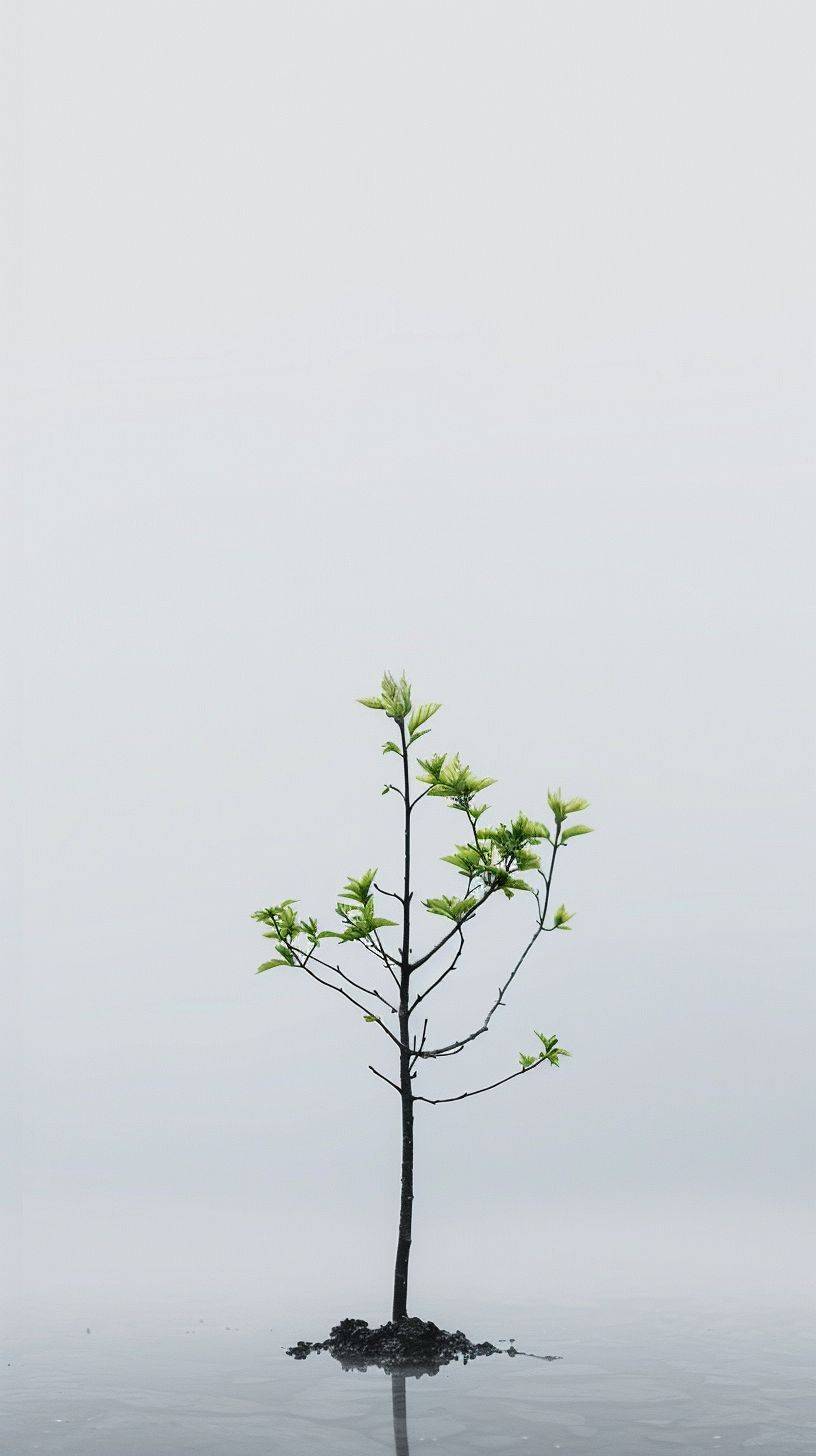 One green tree bud, vitality, real scene, minimalism, high speed photography, slow movement, blur background, clean white background, lots of white space, long shot, ultra-wide angle, natural light, soil, rain, Eastern Zen, masterpiece, high quality, scenery, Chinese architecture