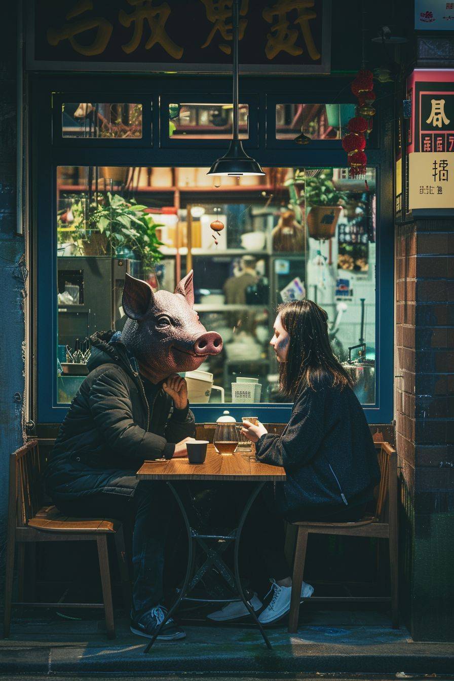 2020s Shanghai street, a pig headed man drinking coffee and flirting with a girl in a coffee shop, documentary style, Ryoji Akiyama style, Fujifilm footage, 32K HD