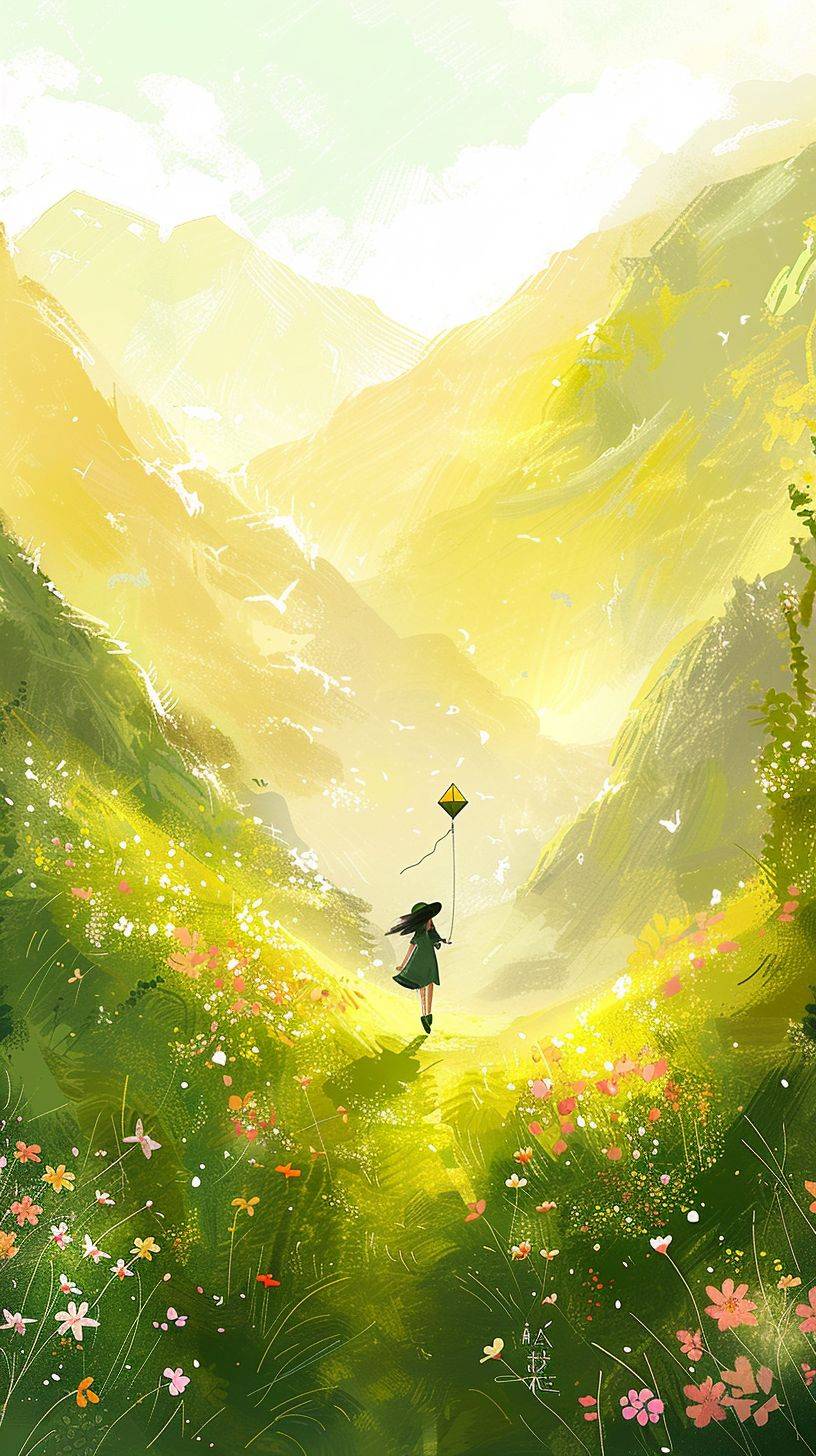 A girl is flying a kite on the green grass, flowers bloom on both sides of her path, the background is yellowish-green mountains and sky, watercolor illustration style, simple lines, children's picture book, Chinese ink painting style, pink tone, watercolor, simple strokes, minimalist art, colorful cartoon characters, illustration style, pink tone, green tones, small fresh, the sun shines down from above. A person wearing a hat stood in front of me. She was dressed in dark with long hair. There were many wildflowers blooming around.