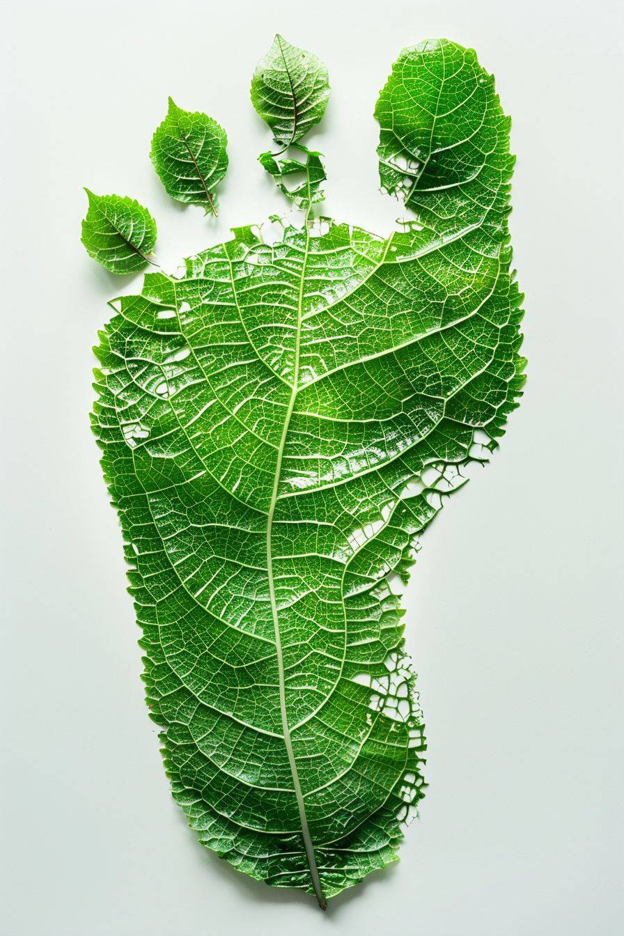 Top view photography of a human footprint with leaf texture, isolated on white background