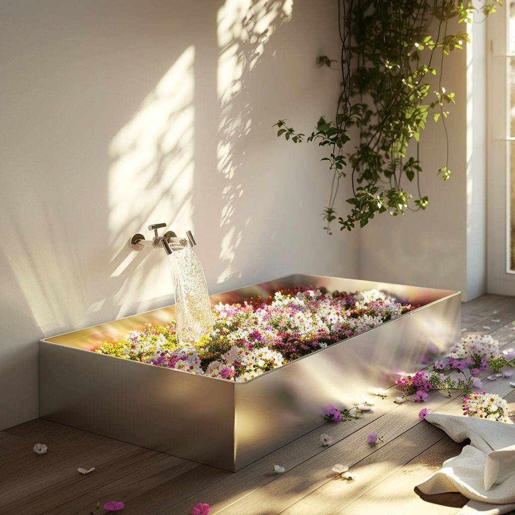 In a luxury minimal cozy Italian bathroom, an aluminum sink sits elegantly. From the faucet, a gentle stream of micro spring flowers cascades, filling the sink with vibrant colors. As the sink overflows, these tiny blossoms spill onto the floor, creating a carpet of nature's beauty. The sunlight streams through a nearby window, casting a warm glow and highlighting the intricate details of the flowers and the vintage charm of the bathroom. The composition is balanced and adheres to the rules of photography, ensuring the entire scene is captured with clarity and without any text, making it perfect for Instagram with its high resolution and realistic detailing.