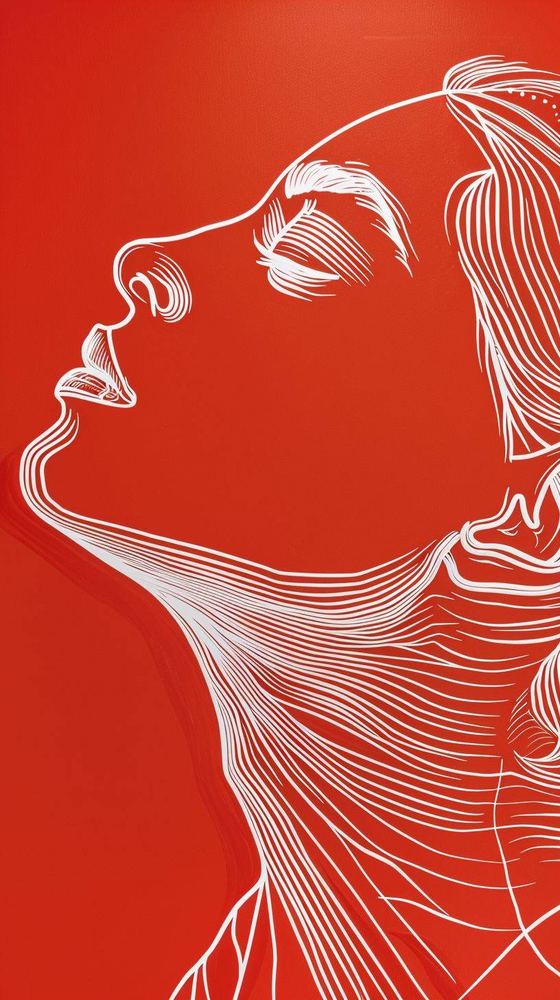 Illustrate an elegant stunning beautiful woman's face in profile using sleek white lines on a Red canvas