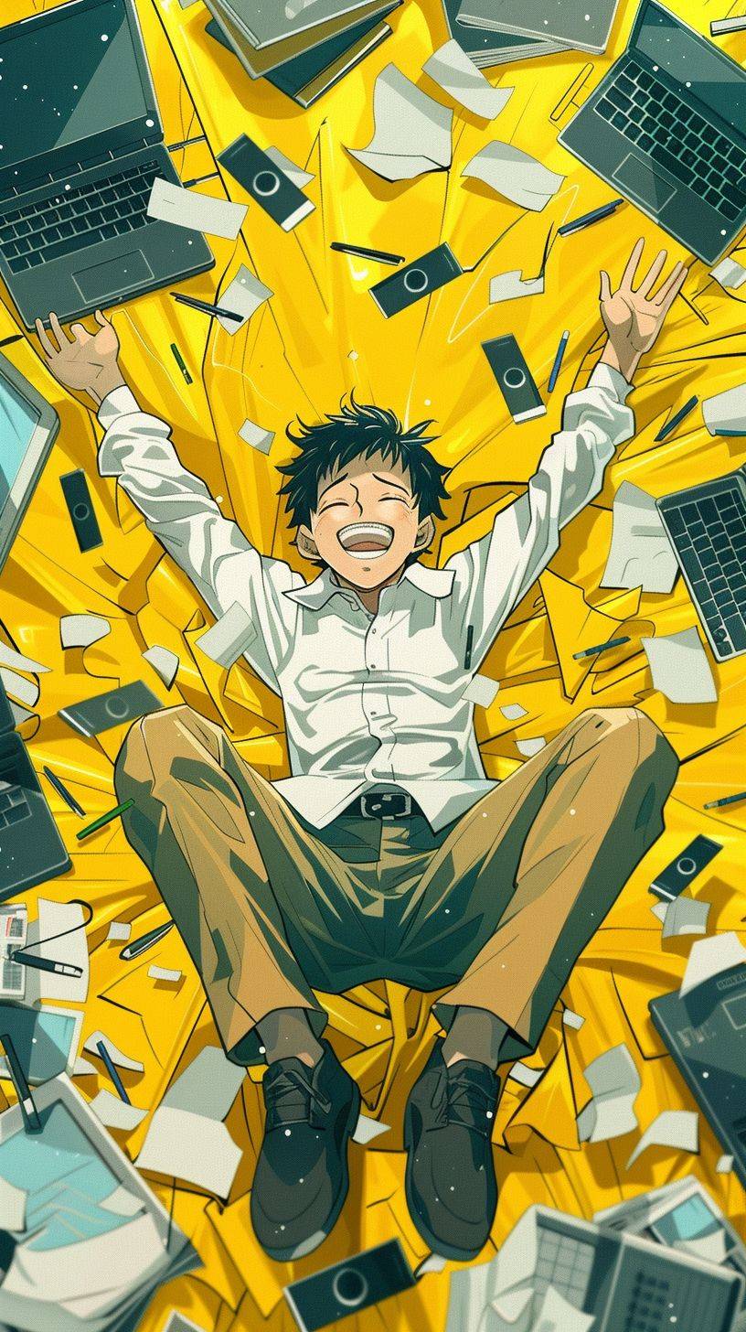 Illustrative style, visually striking, a young Oriental office boy laughs as he rushes towards the camera, surrounded by scattered laptops, pens, folders, files, and other office supplies. Fine lines are drawn, surrounded by fine lines. The middle part of the picture is a jumping yellow color, and the upper third of the picture is left blank, creating a strong contrast, dynamic, and energetic atmosphere, in clothes -- ar 9:16.