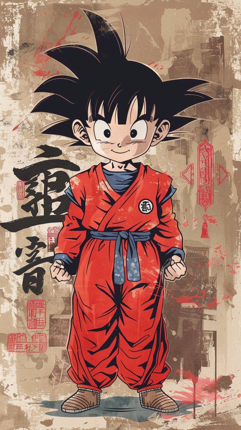 Kid Goku wearing Chinese red Tang suit, t-shirt design