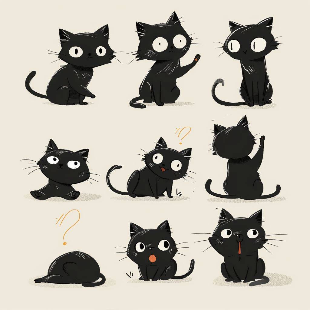 A cute black cat with multiple poses and expressions, drawn in line drawing style with dark white and light beige colors, loose and simple gestures, simple line work, lacquer painting, and thick texture. The style is cute, presented as an emoji illustration set with bold manga line style and dynamic poses.