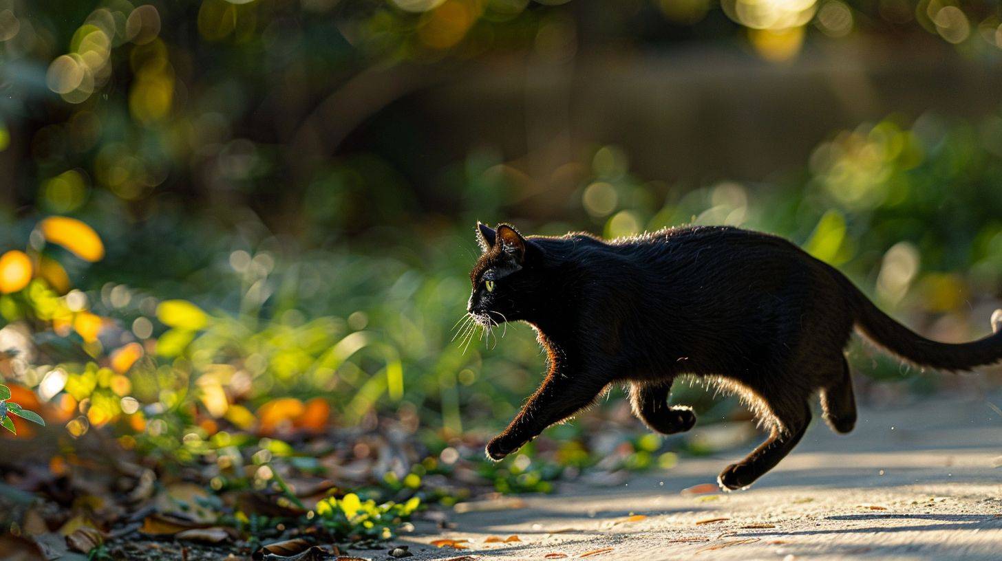 小さな黒い猫がきれいな土手で左に走って行く、側面ビュー、フラットアングル、超現実主義、ニコンD850、ニッコールAF-S 24-70mm f/7.0E ED VR、高精細--スタイルの生--アスペクト比16:9
