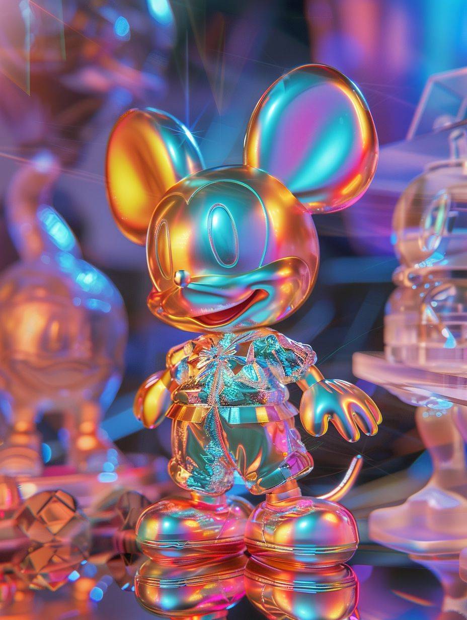Full body, super cute Donald Duck, fluorescent translucent holographic pajamas, blind box, pop mart design, exaggerated expressions, fluorescent, holographic, diamond luster, metallic texture, fluorescent, holographic, giant cat behind the girl, strong light, clay material, precision mechanical parts, close-up intensity, 3D, super detailed, C4D, octane render, Blender, 8K, HD