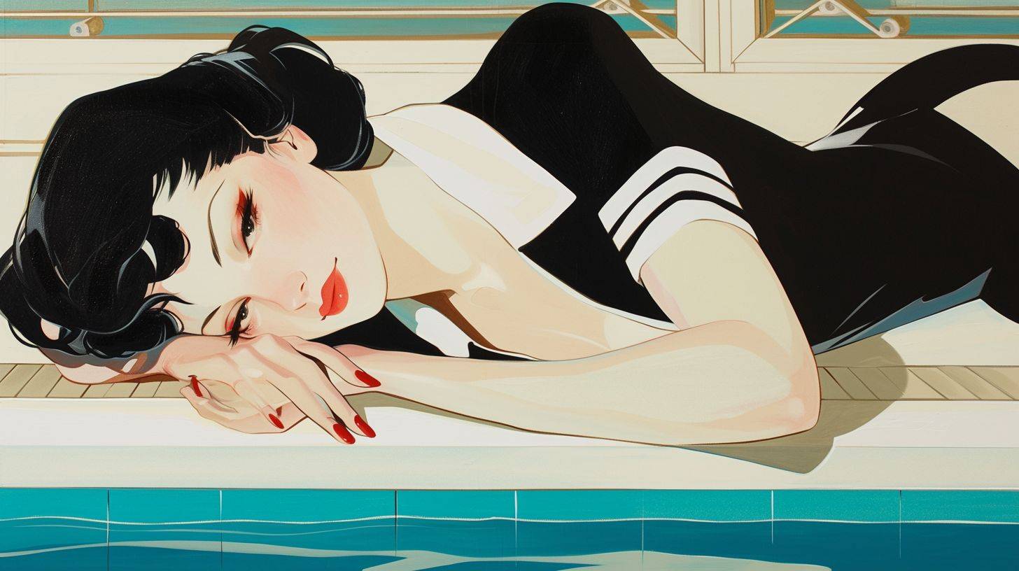 A painting of a girl lying by the pool, in the style of art deco glamour, Patrick Nagel, pop art influenced portraits, restrained serenity, bold manga lines, ivory, punctured canvases, captivating gaze