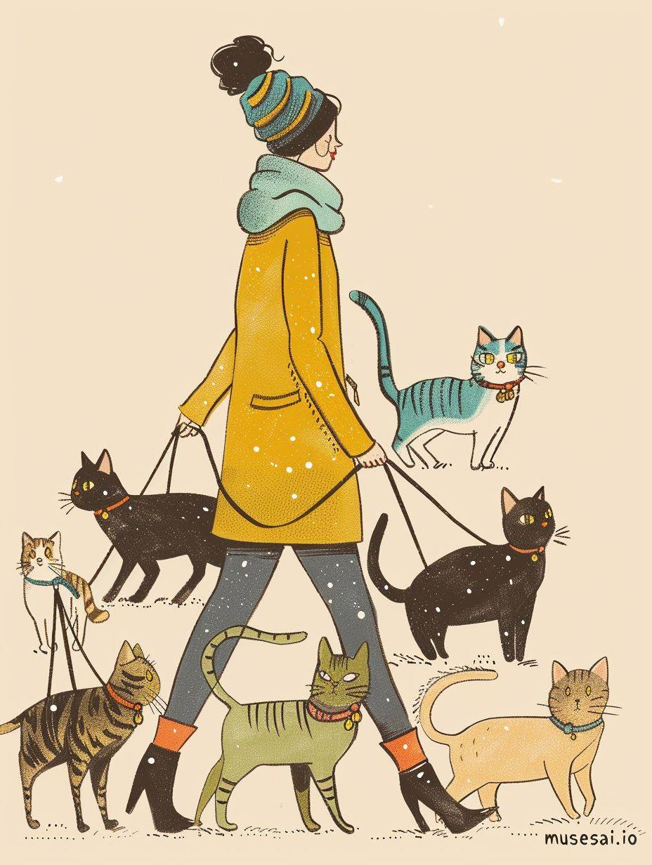 Whimsical hand drawn, colorful illustration of stylish woman walking multiple cats of various breeds and colors on leashes in front of her, theme 'musesai.io', fun and vibrant print for poster