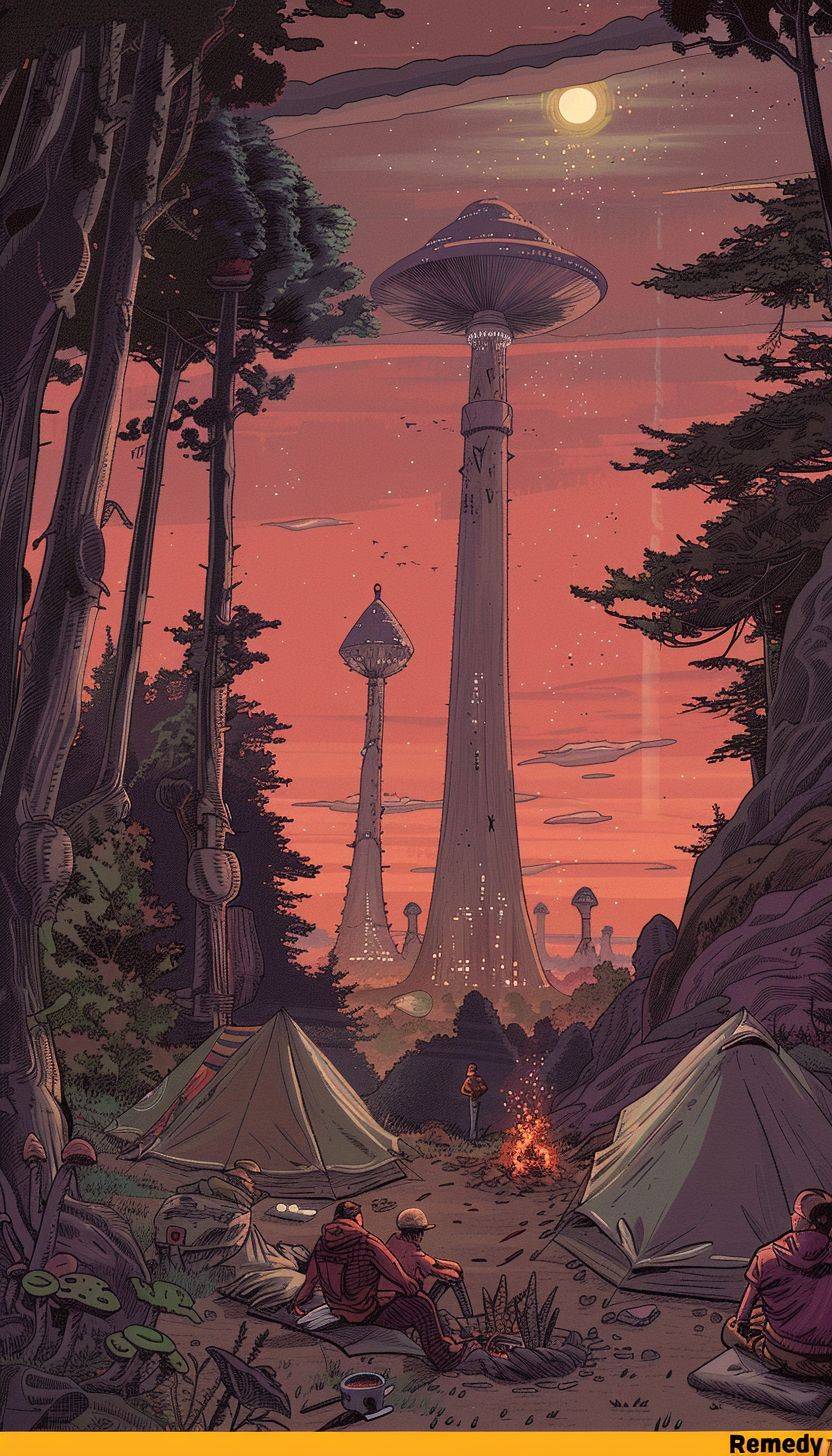 科学小説「宇宙の治療法」のポスターをジャン・ジロー（モビウス）風のアートスタイルで制作し、夕日の中でのキャンプ場風景を表現します。テントやキャンプファイアの周囲に人々がおり、遠くには未来的なキノコタワーが見えます。サイファイ冒険スタイルです。