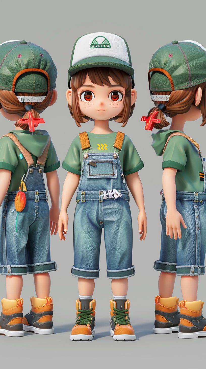 A girl with a blind box style; full body, camping outfit, t-shirt, overalls, fisherman hat, casual sports shoes, a cartoon image of three views generated, namely front interview view, side view, and back view; maintain consistency and uniformity, Cyberpunk, Chibi; clean background, natural light, 8K, best quality, super detail, 3D, C4D, Blender, OC rendering, ultra high definition, 3D rendering --ar 9:16