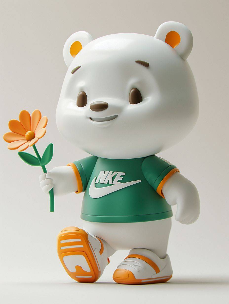 Blind box modeling, very simple octane 3D rendering, incarnation of a cute and happy Arctic bear character, joyfully holding a flower, dressed in green and white t-shirt, Nike shoes, stylish Pixar style design, smooth outline, monochrome with light orange as the main color, white background, soft lighting highlighting its characteristics, minimalist art.