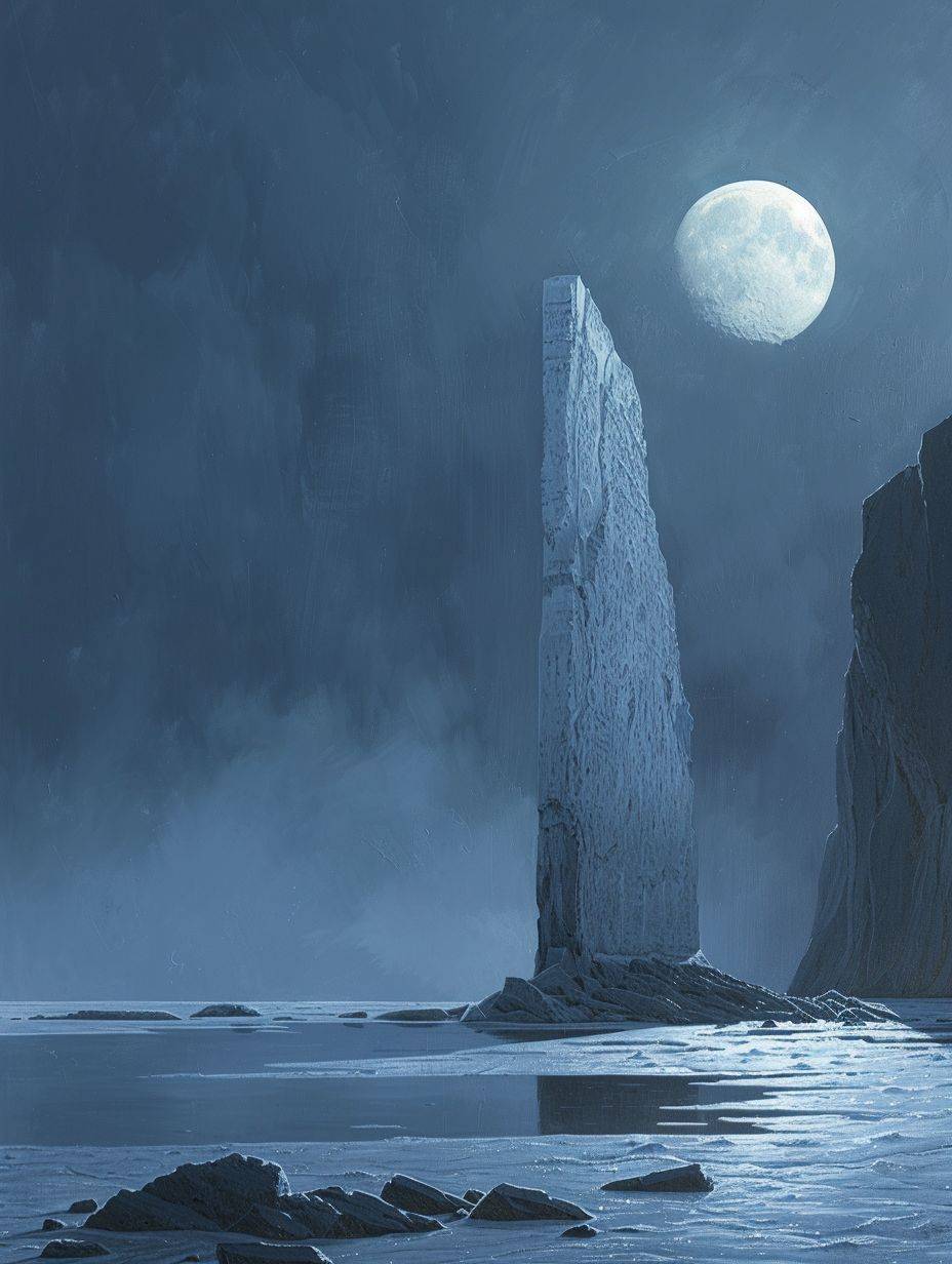 The mysterious monolith in 'Lunar Luminescence', with icy azure cool moonlight delicately tracing their features, enhancing the serenity and stillness of the scene.