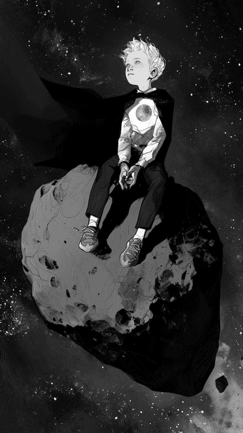 The Little Prince on an asteroid, in the style of Chris Riddell, intense gaze, stark black and white, sensitive characterization, whimsical form, lit kid, blink-and-you-miss-it detail --Aspect Ratio 9:16 --Color Quantity 6 --Style: Raw