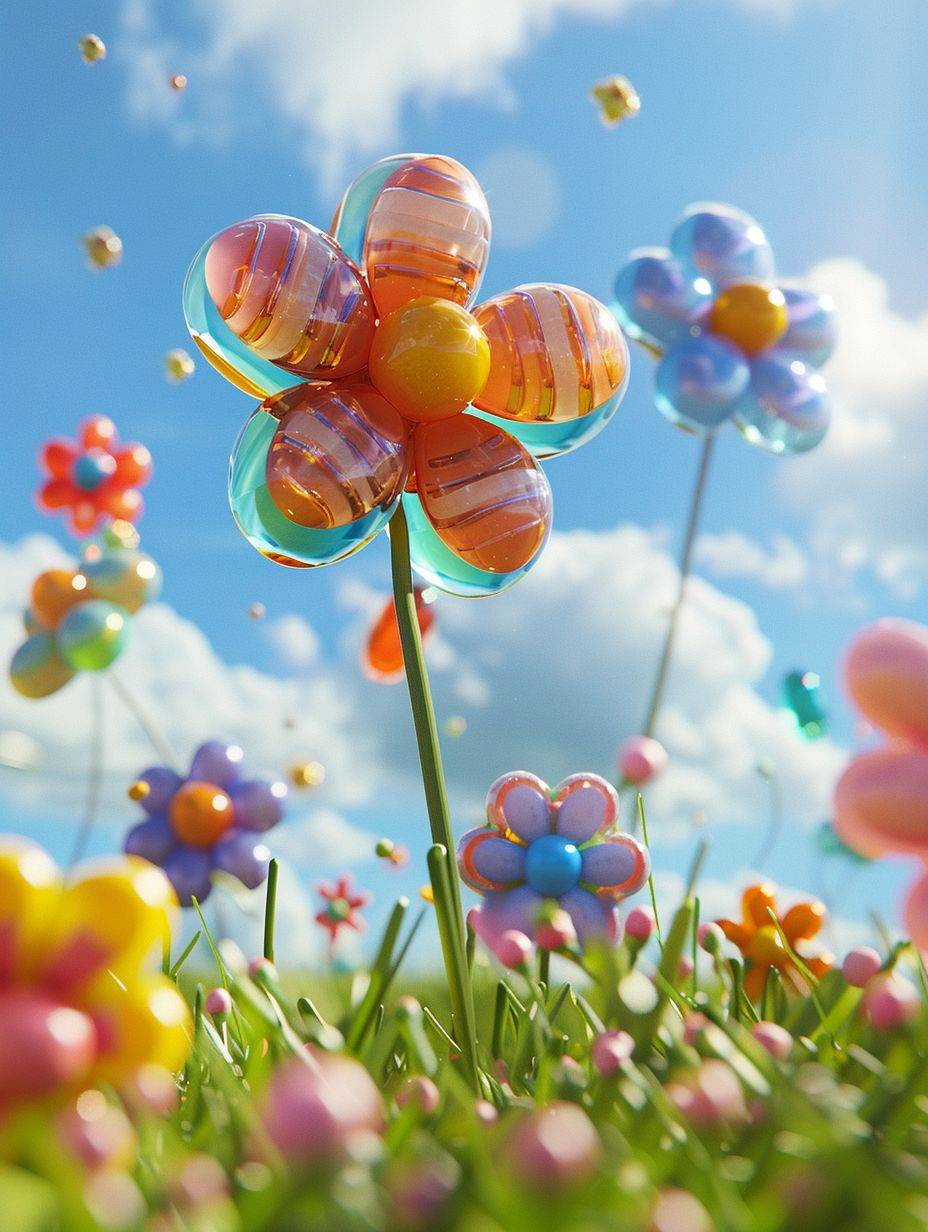 3D cartoon game scene, three flowers composed of colorful candies in the air against a background of green grass and blue sky, inspired by Pixar animation style, exaggerated shape, bright colors, exaggerated movements, clean background, artstation trend, high resolution, bright colors, use of Xin An intricately detailed inflatable flower rendered in 16K