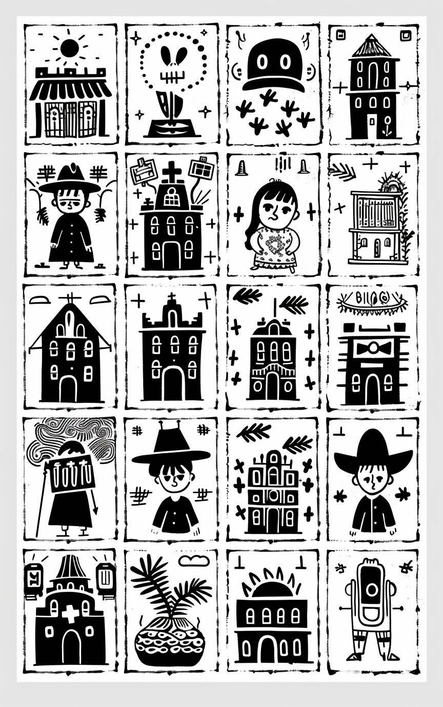 A sheet of traditional Mexican lotto cards in black and white and bold line with unique and simple illustrations, each card featuring an illustration representing one character or symbol related to street video surveillance. The characters include the camera, the 360º camera, a building, a home, the bread, the policeman, the woman, the man, the children, the city council, the judge, the robber, the unknown, the videotape, the alarm, the liberty