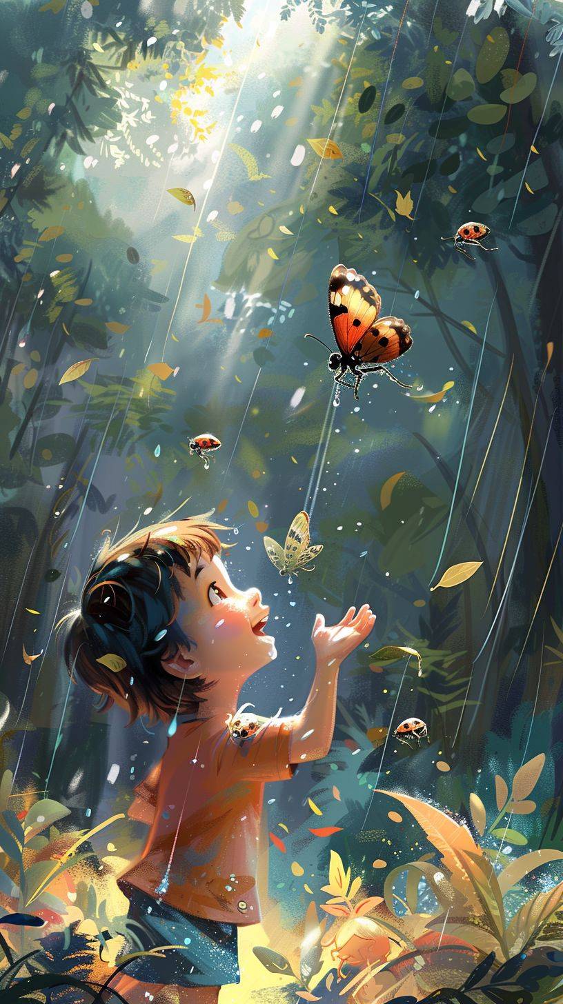 A cartoon of a little boy catching bugs, ladybugs, butterflies, playing, being happy, in the rain, with leaves, chibi style, in a bright spring atmosphere, super wide angle, full body