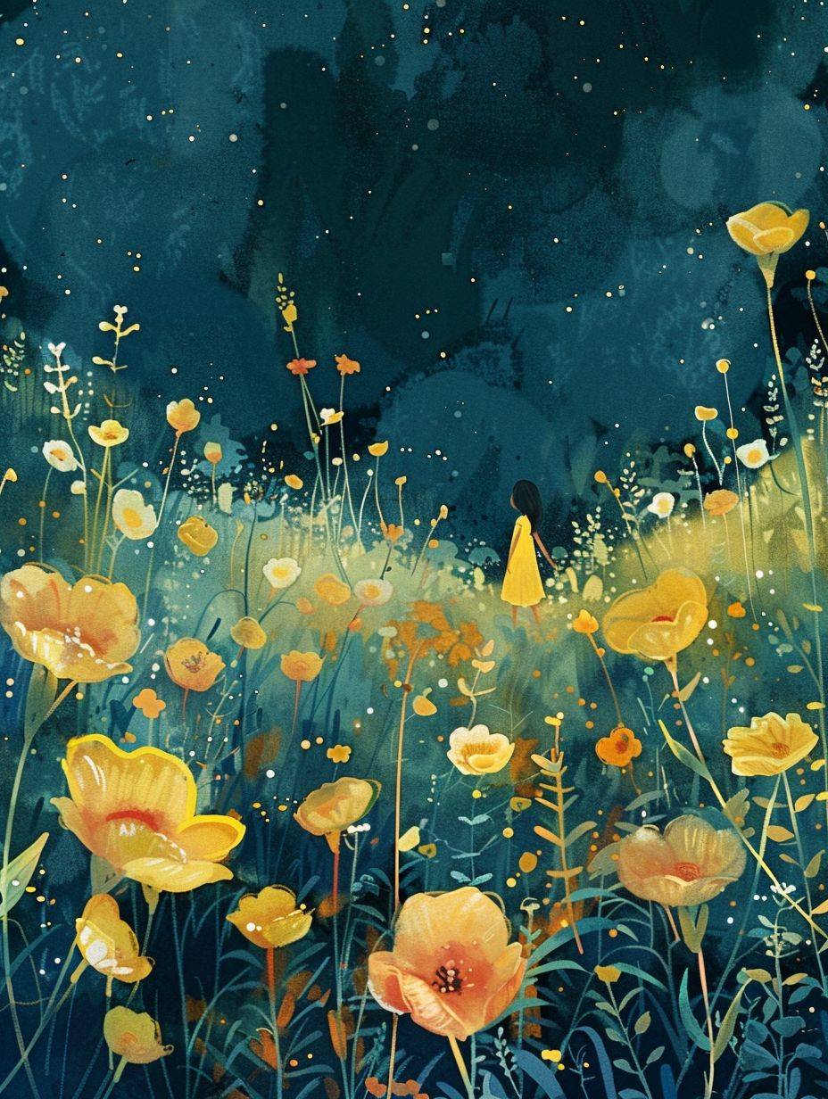 Download photo park of the flowers APK, in the style of Mary Blair, dark sky-blue and light yellow, Stephanie Pui-Mun Law, whimsical, childlike figures, Naomi Okubo, joyful celebration of nature, outdoor scenes -- aspect ratio 3:4