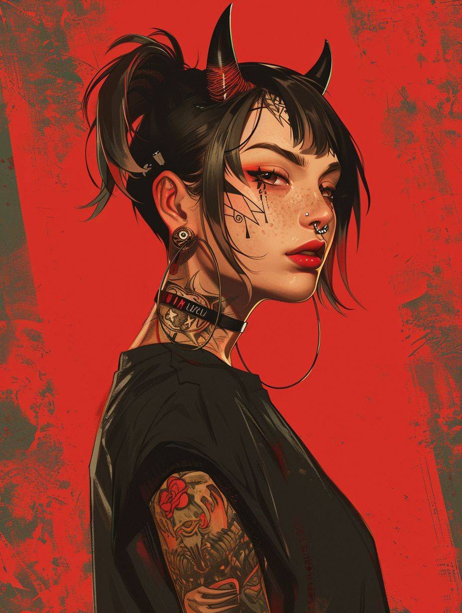 A girl with short hair and bangs with tattoos on her neck is wearing golden horns on her head against a red background, wearing black with high detail in the style of digital art, digital illustration, fantasy realism, fantasy concept art, full body portrait with a dark atmosphere, character design, character concept art in the style of anime-inspired character design, Asian aesthetics, Japanese manga, cyberpunk, 2D game art, concept art.