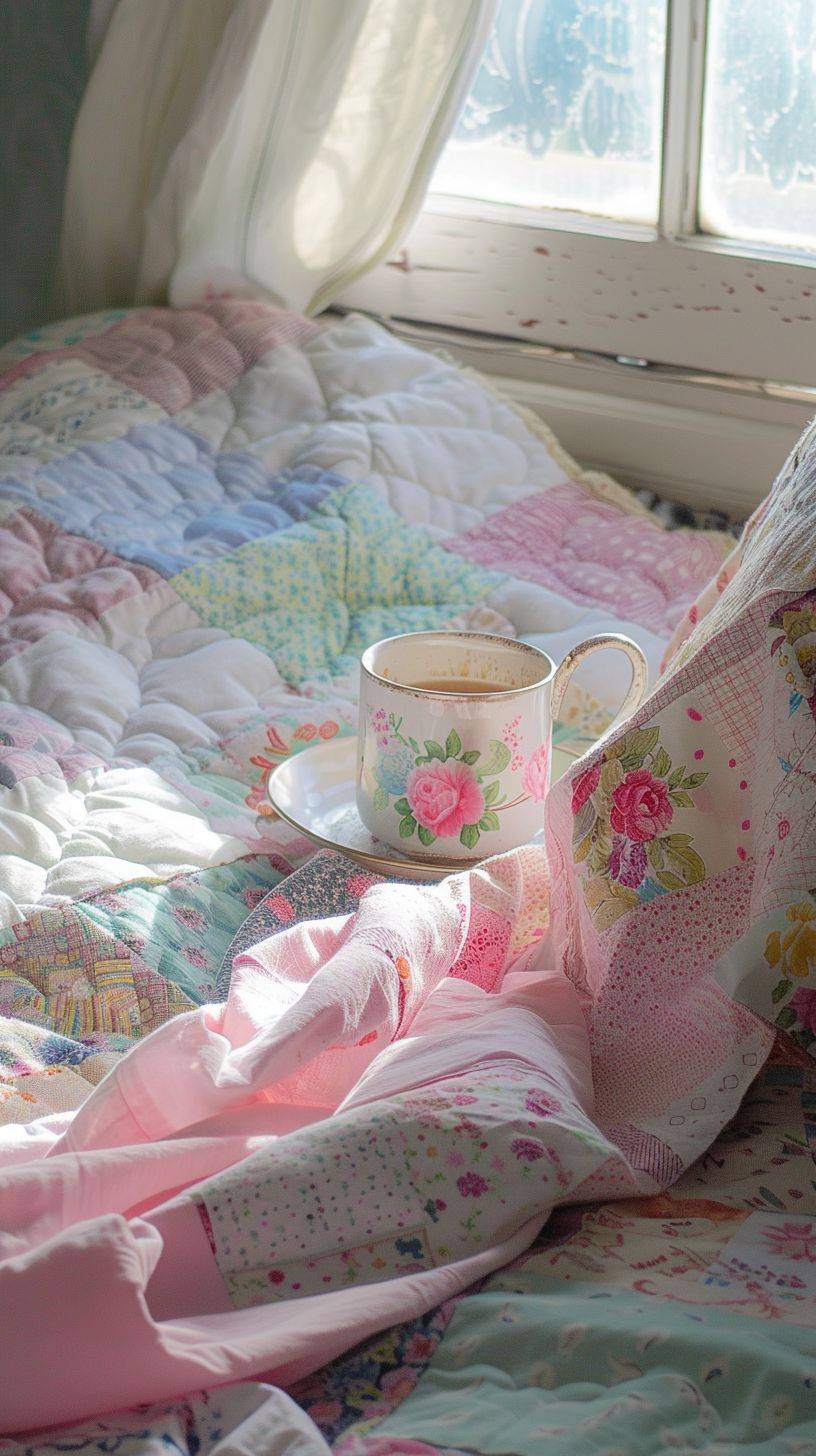 Placing a camera on a pastel-toned patchwork bed. There is a steaming pink teacup on the bed and an old-fashioned camera. Create a shabby atmosphere. There is a white window with morning light next to it. The environment is very bright and delicate, with some flare and backlight effects. Photo taken with a Canon R5 and a 50mm f/2 lens --ar 9:16