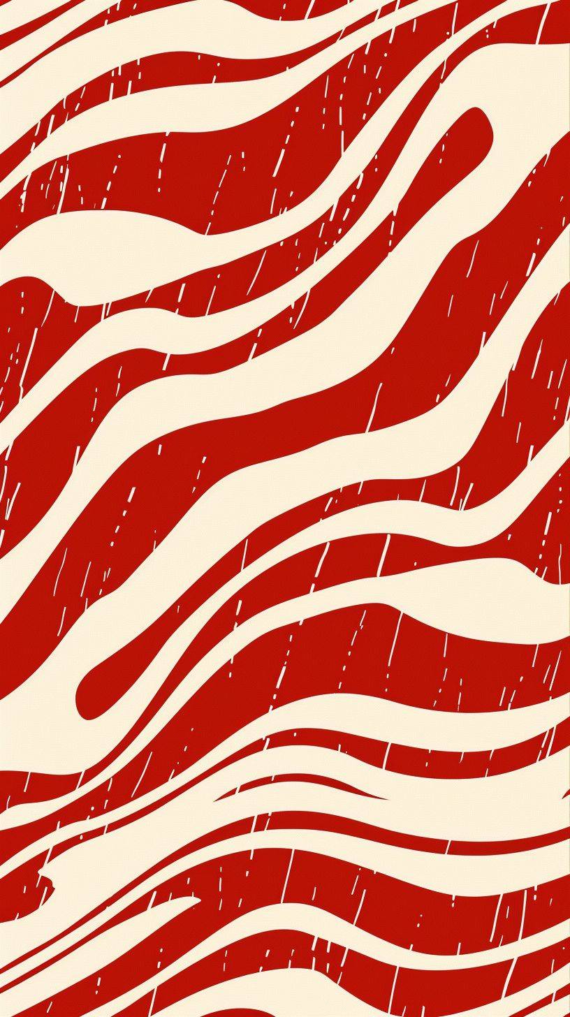 Red and white pattern, groovy retro style, wavy big lines, simple. In the style of retro artists.