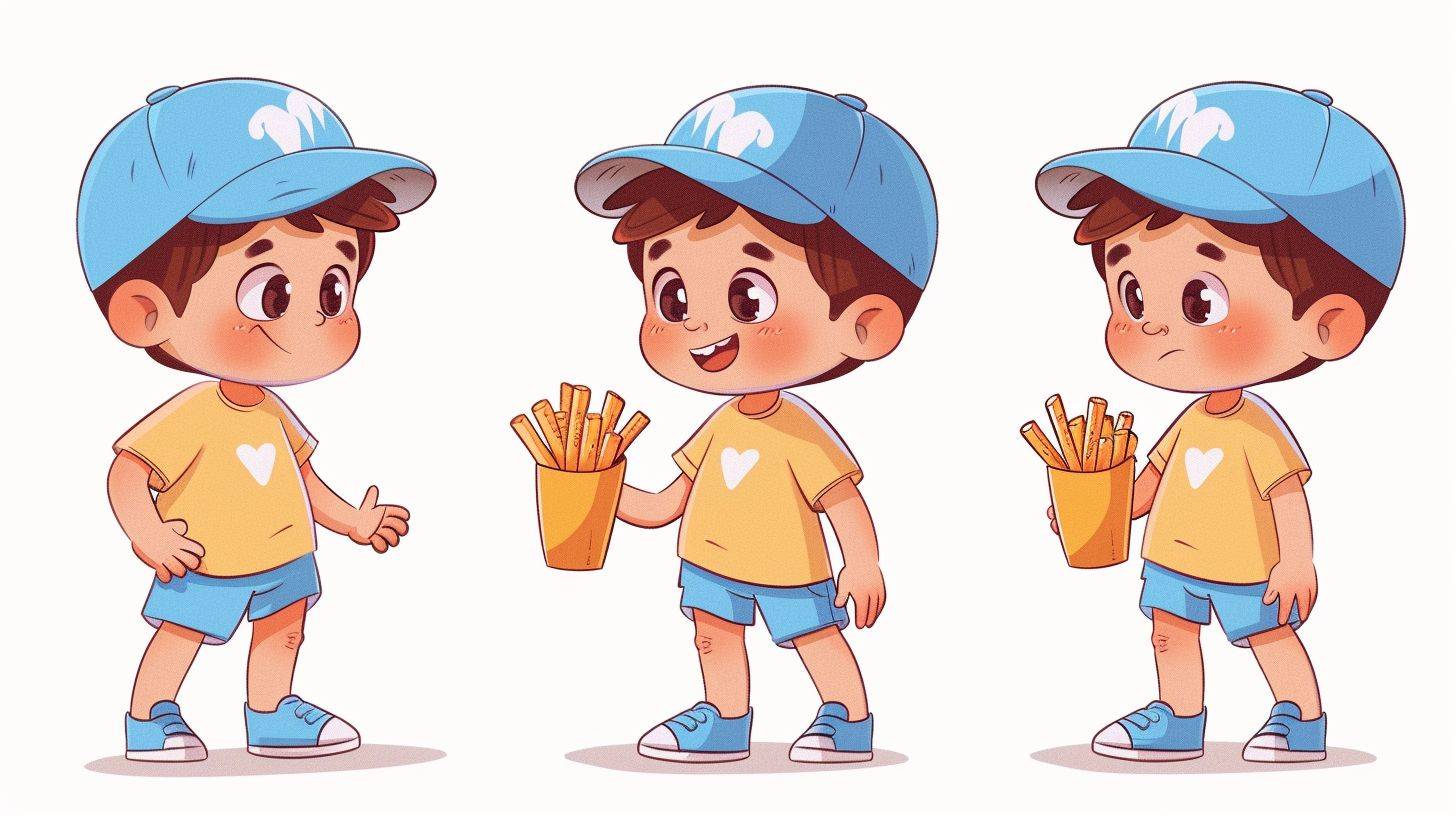Full body view, three views, front view, left view, rear view, Illustration IP character design, a cute little boy wearing a blue duckbill cap, happy, holding French fries, standing naturally, wearing short sleeved shorts, looking forward, bright and colorful, minimalist vector style, markers with varying thickness, flat, bold lines and solid colors, simple details