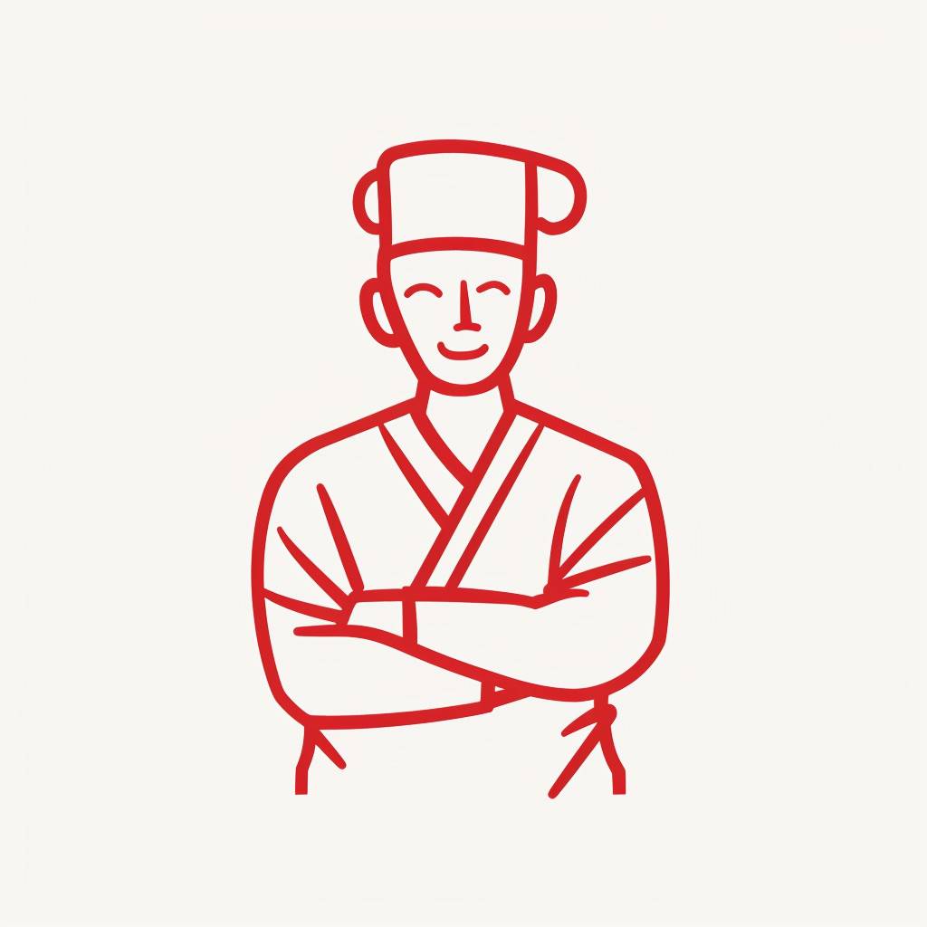 Design a highly simplified, icon-like line drawing of a sushi chef with arms crossed, using only the color #a19dcd for the lines. This character should be rendered in a hand-drawn style that captures the essence of the chef's attire and posture in minimalistic detail, suitable for easy recognition and use as an icon. The chef's traditional garb and confident stance should be implied through the economy of lines, with the focus on creating a clear, recognizable silhouette that communicates professionalism and the art of sushi preparation. This drawing aims for an abstracted representation that retains the chef's cultural and professional identity, making it versatile for use in various public institution materials as a distinctive, elegant symbol.